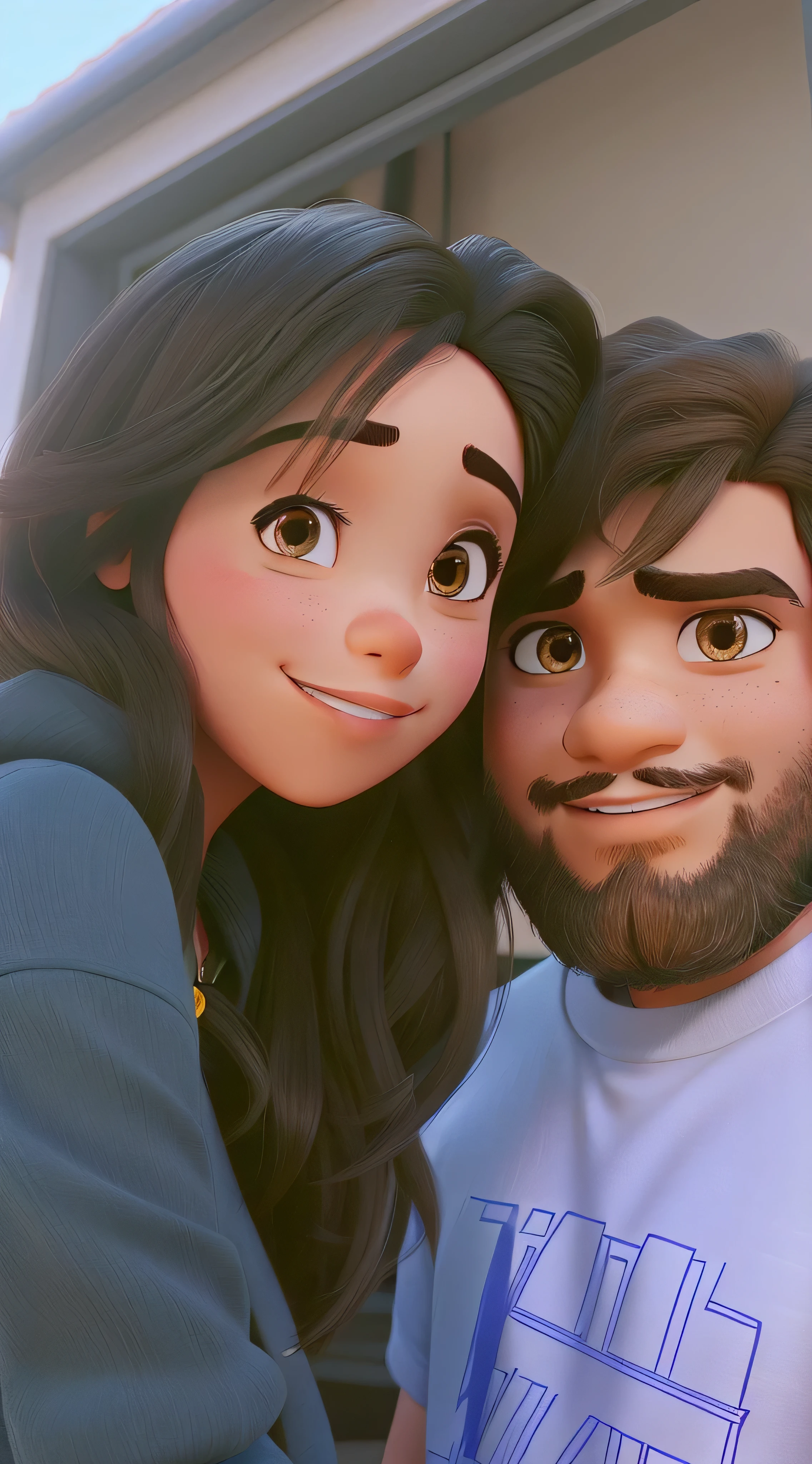 Um casal, menina morena, menino com barba, estilo disney pixar, alta qualidade, melhor qualidade