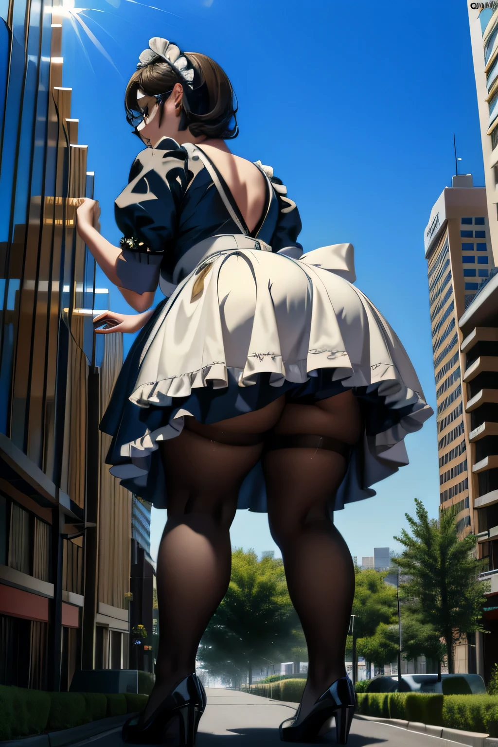 Giantの芸術, 非常に詳細なGiantショット, Giant, short hair, black pantyhose, A maid that is much bigger than a skyscraper, wearing rimless glasses, big breasts, big ass, navy maid uniform, black pantyhose, black shoes, very small metropolis, miniature metropolis, full body description, GTS, ギガGiant, Stomping City, crash city, Small town, micro city, maid,