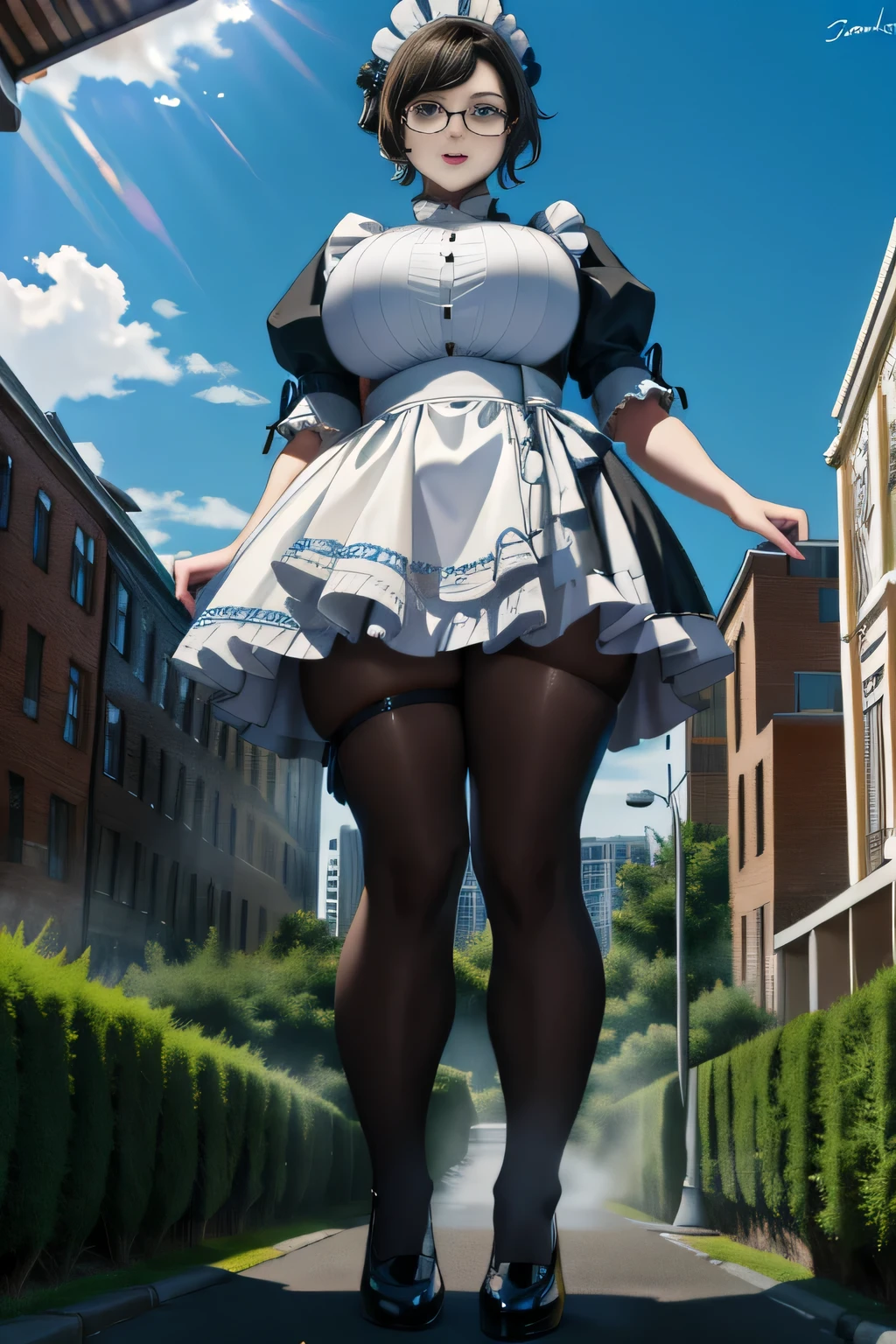 Giantの芸術, 非常に詳細なGiantショット, Giant, short hair, black pantyhose, A maid that is much bigger than a skyscraper, wearing rimless glasses, big breasts, big ass, navy maid uniform, black pantyhose, black shoes, very small metropolis, miniature metropolis, full body description, ＧＴＳ, ギガGiant, Stomping City, crash city, Small town, micro city, maid, 