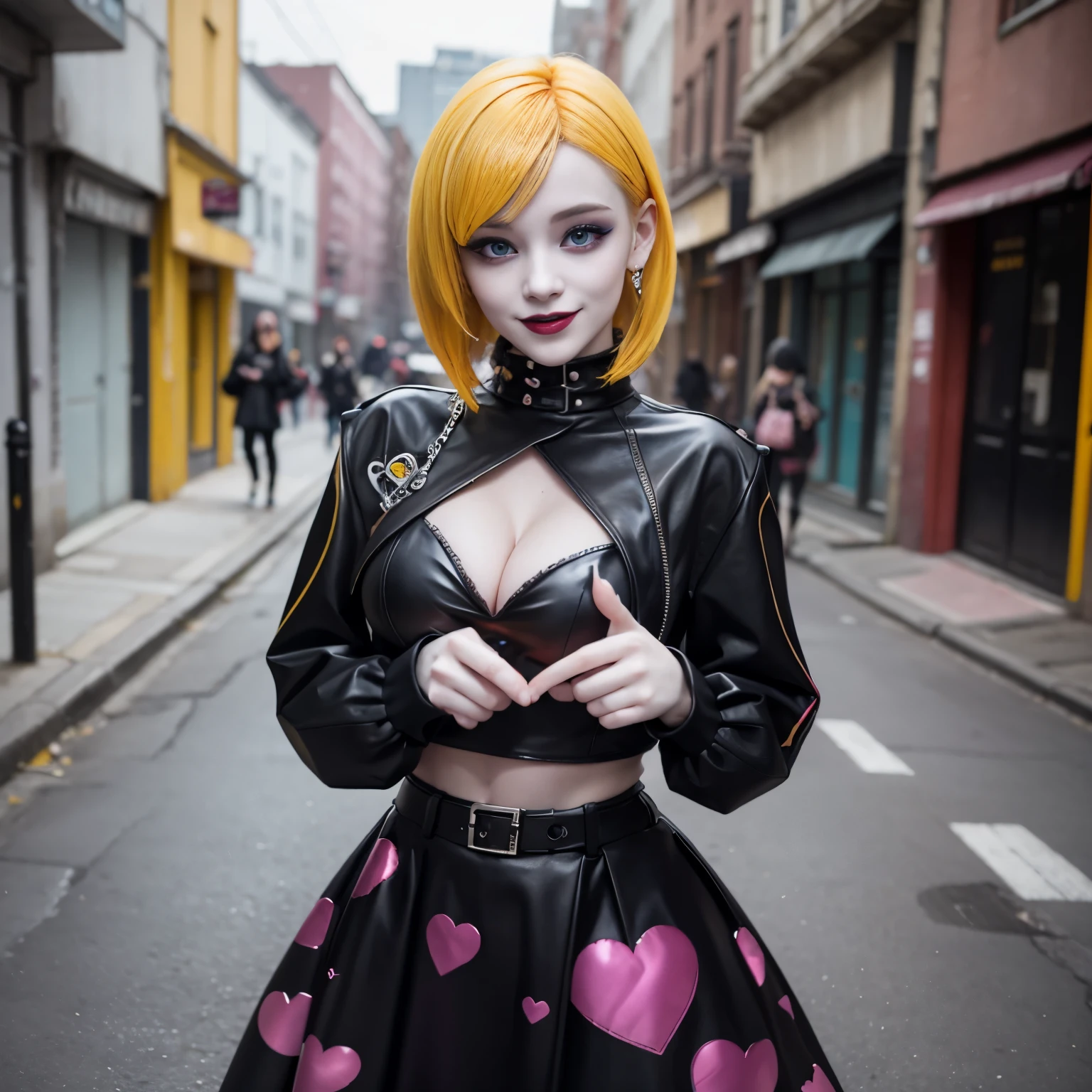 1girl, goth, excited,  heart hands, own hands together, pale skin, smoky eyes, vivid colors, punk clothing, punk hairstyle, yellow hair, black lips, abandoned street, body view, large breasts, smile