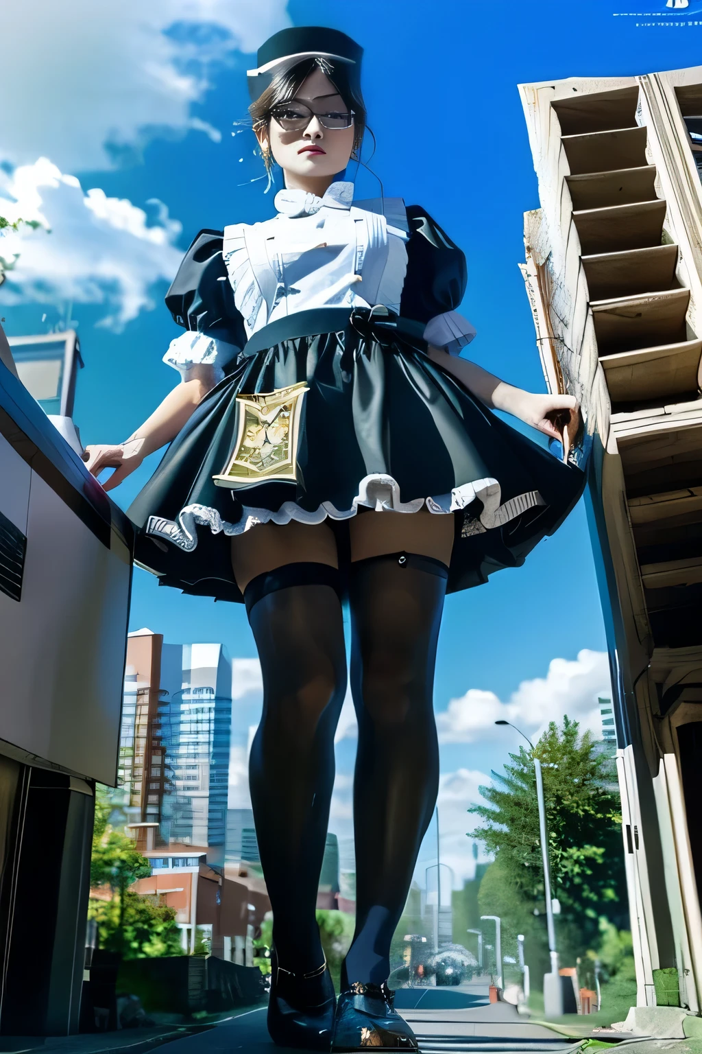 Giantの芸術, 非常に詳細なGiantショット, Giant, short hair, black pantyhose, A maid that is much bigger than a skyscraper, wearing rimless glasses, big breasts, big ass, navy maid uniform, black pantyhose, black shoes, very small metropolis, miniature metropolis, full body description, ＧＴＳ, ギガGiant, Stomping City, crash city, Small town, micro city, maid, 