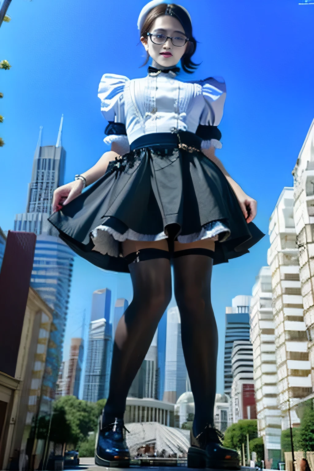 Giantの芸術, 非常に詳細なGiantショット, Giant, short hair, black pantyhose, A maid that is much bigger than a skyscraper, wearing rimless glasses, big breasts, big ass, navy maid uniform, black pantyhose, black shoes, very small metropolis, miniature metropolis, full body description, GTS, ギガGiant, Stomping City, crash city, Small town, micro city, maid,