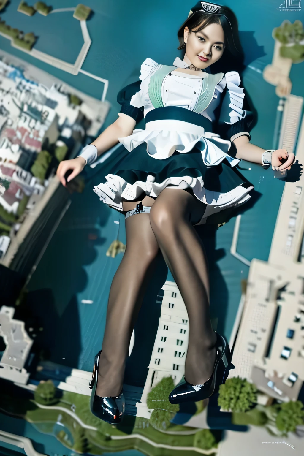 Giantの芸術, 非常に詳細なGiantショット, Giant, short hair, black pantyhose, A maid that is much bigger than a skyscraper, wearing rimless glasses, big breasts, big ass, navy maid uniform, black pantyhose, black shoes, very small metropolis, miniature metropolis, full body description, ＧＴＳ, ギガGiant, Stomping City, crash city, Small town, micro city, maid, 