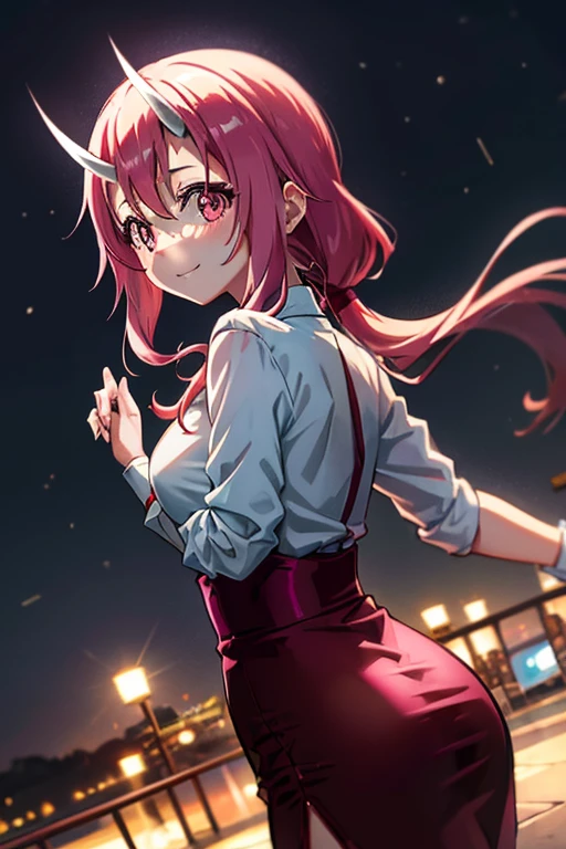 masterpiece, highest quality, Shuna (tensura), 1 girl, alone, long hair, pink hair, low ponytail,demon horn, hair between eyes, cheongsam clothing,china slit,walk, think back, looking at the viewer, street, starry sky, Illuminated by the Moon
, full moon, loving smile, light blush,
