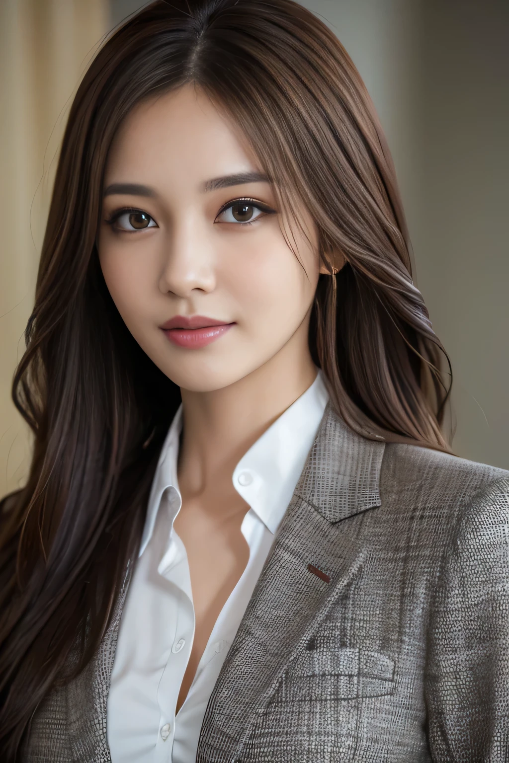 table top, highest quality, realistic, Super detailed, finely, High resolution, 8k wallpaper, 1 beautiful woman,, light brown messy hair, wearing a business suit, sharp focus, perfect dynamic composition, beautiful and detailed eyes, thin hair, Detailed realistic skin texture, smile, close-up portrait, model body shape