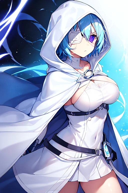 1girl, breasts, light blue hair, purple eyes, one eye covered, eyepatch, ((eyepatch)), very short hair, glowing eyes, serious, emotionless, cloak, white cloak, white hood, white cape, cape, belt, white pants, white clothes hood up