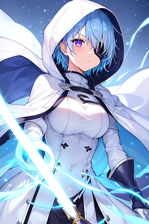 1girl, ???????, light blue hair, purple eyes, one eye covered, eyepatch, ((eyepatch)), very short hair, glowing eyes, serious, emotionless, cloak, white cloak, white hood, white cape, cape, belt, white pants, white clothes hood up