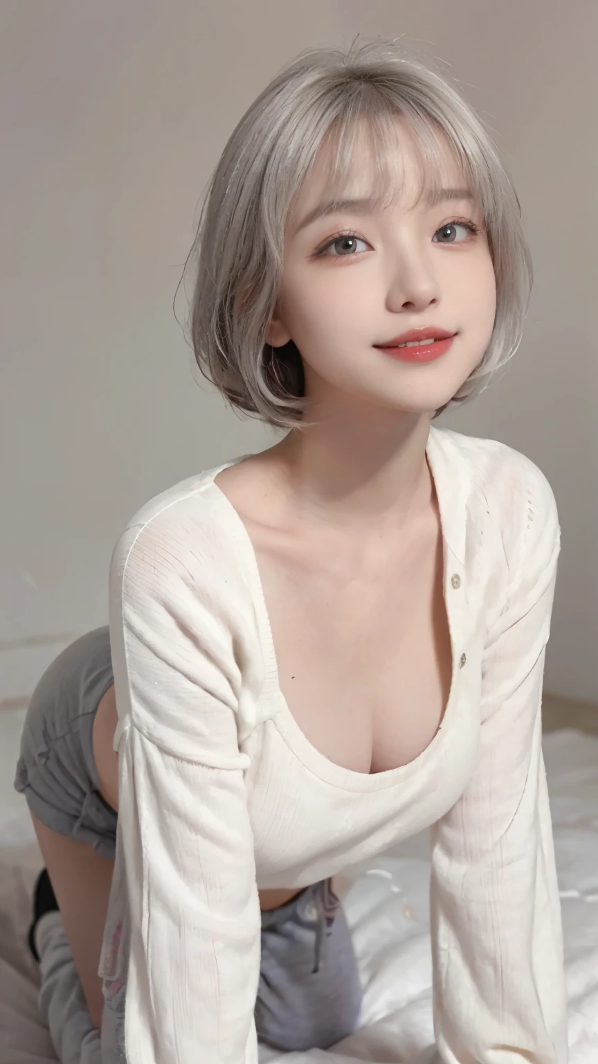 best image quality、RAW photo、ultra high resolution、21 years old Korean、small breasts、dynamic angle、cowboy shot、The most beautiful forms of chaos、elegant、innovative design、bright colors、beautiful white hair、short bob、smile、glossy white skin、beautiful eyes with random colors、Very beautiful eyes down to the details、thin lips、detailed beautiful eyes、elongated eyes、pale pink cheeks、long eyelashes、beautiful double eyelids、eye shadow、city、big sweater、baggy pants、shot from the side、get down on all fours、sexy pose、zoom up