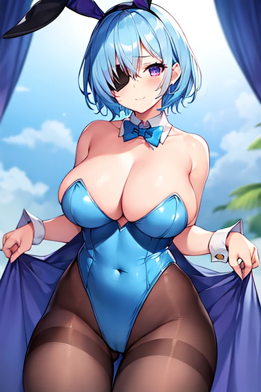 1girl, large breasts, wide hips, light blue hair, purple eyes, one eye covered, eyepatch, ((eyepatch)), very short hair, light smile, happy, bunny ears, bunnysuit, pantyhose, bowtie, cleavage