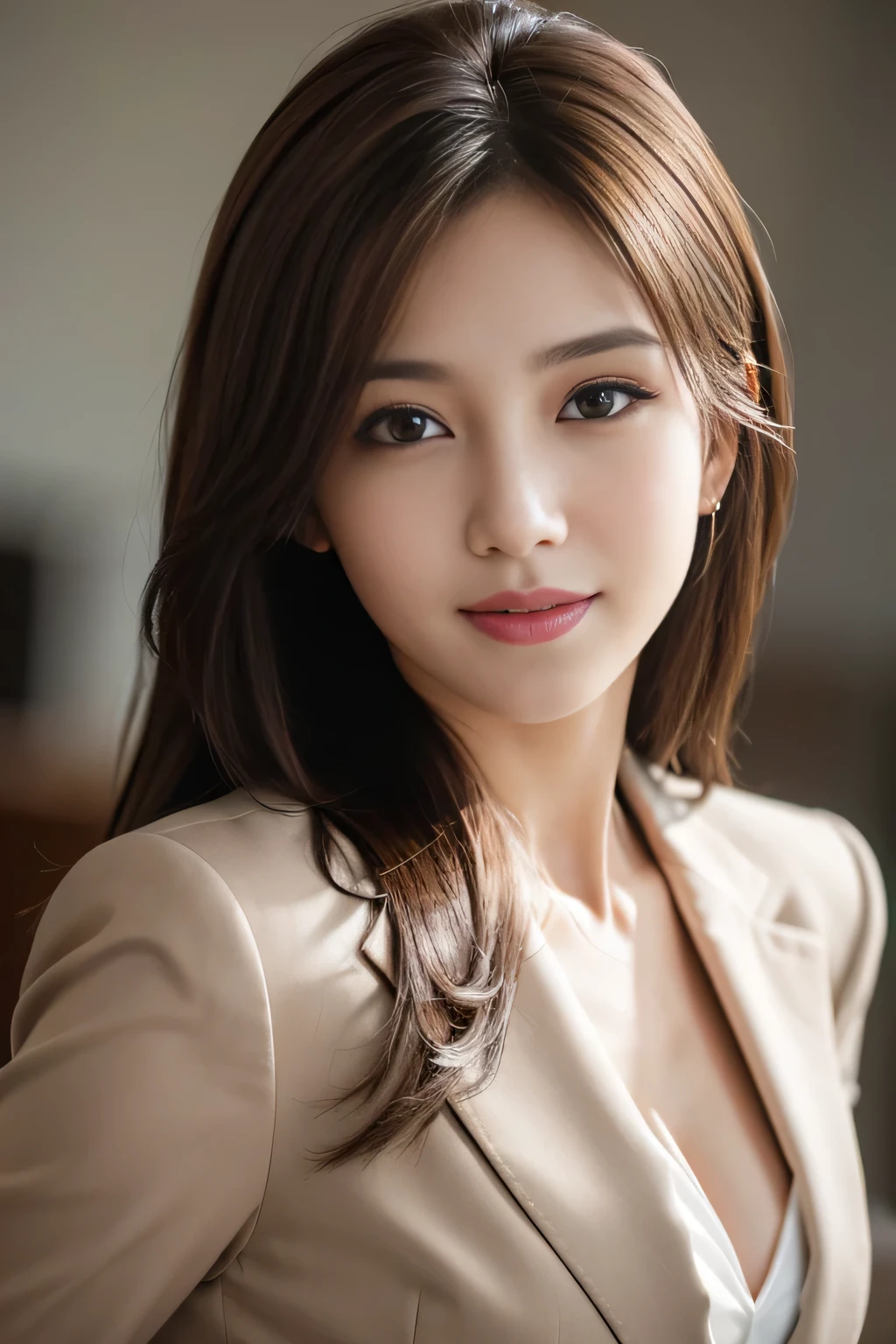 table top, highest quality, realistic, Super detailed, finely, High resolution, 8k wallpaper, 1 beautiful woman,, light brown messy hair, wearing a business suit, sharp focus, perfect dynamic composition, beautiful and detailed eyes, thin hair, Detailed realistic skin texture, smile, close-up portrait, model body shape、cleavage、