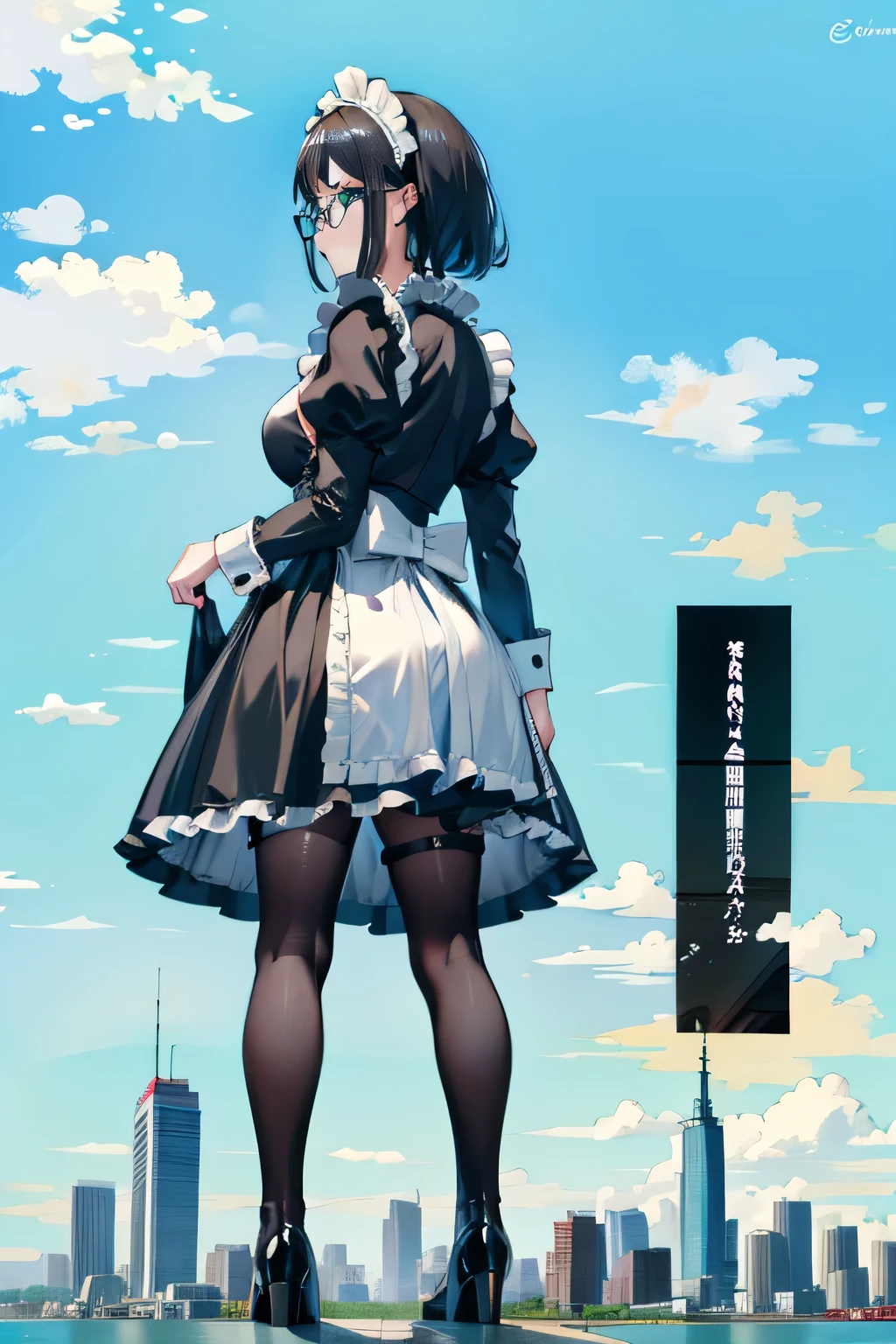 Giantの芸術, 非常に詳細なGiantショット, Giant, short hair, black pantyhose, A maid that is much bigger than a skyscraper, wearing rimless glasses, big breasts, big ass, navy maid uniform, black pantyhose, black shoes, very small metropolis, miniature metropolis, full body description, GTS, ギガGiant, Stomping City, crash city, Small town, micro city, maid,