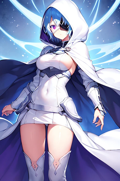 1girl, breasts, light blue hair, purple eyes, one eye covered, eyepatch, ((eyepatch)), very short hair, glowing eyes, serious, emotionless, cloak, white cloak, white hood, white cape, cape, belt, white pants, white clothes, hood up, pants