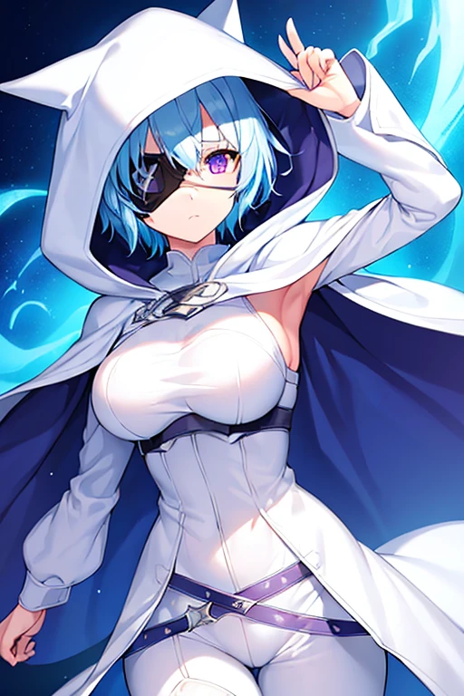 1girl, breasts, light blue hair, purple eyes, one eye covered, eyepatch, ((eyepatch)), very short hair, glowing eyes, serious, emotionless, cloak, white cloak, white hood, white cape, cape, belt, white pants, white clothes, hood up, pants