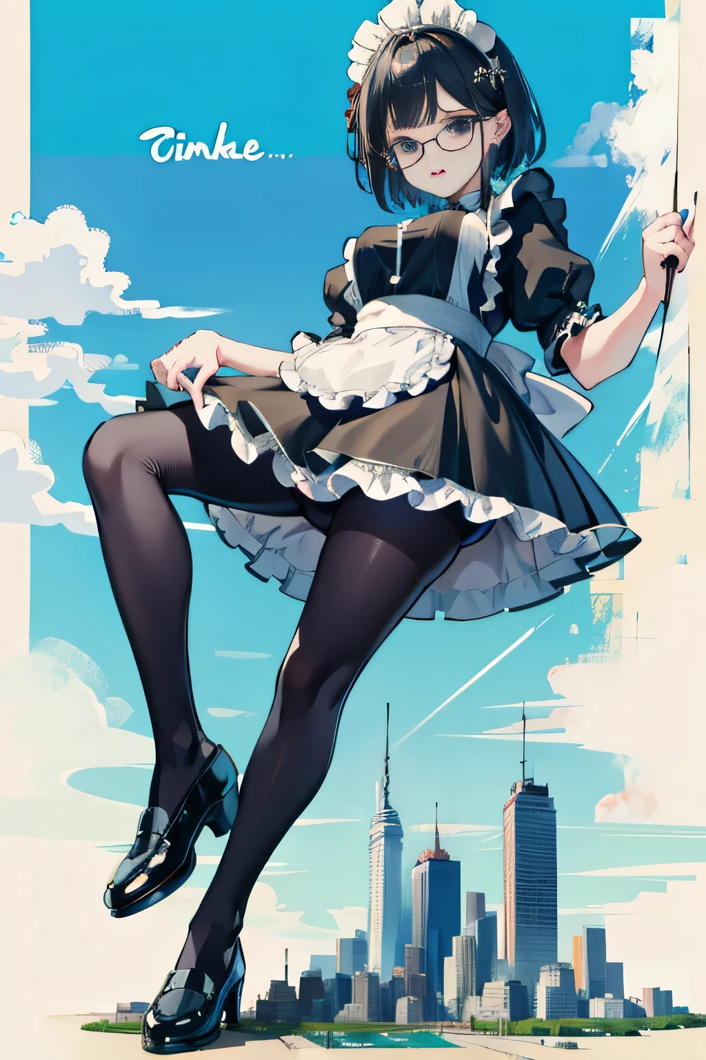 Giantの芸術, 非常に詳細なGiantショット, Giant, short hair, black pantyhose, A maid that is much bigger than a skyscraper, wearing rimless glasses, big breasts, big ass, navy maid uniform, black pantyhose, black shoes, very small metropolis, miniature metropolis, full body description, ＧＴＳ, ギガGiant, Stomping City, crash city, Small town, micro city, maid, 