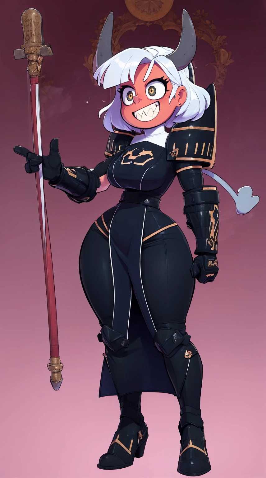 nun, demon girl, walking, , warpriesstes, silver hair, short hair, sacred gauntlets, long ski, cute smile, pure smile, love smile,,veillong skirt, pantyhose, staff holding, armor, gloves, standing, full body,sharpteeth,standing, full body, happy, joyfull