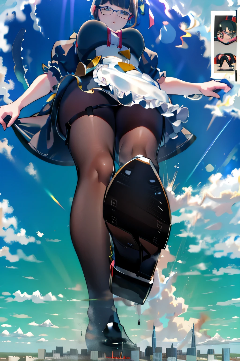 Giantの芸術, 非常に詳細なGiantショット, Giant, short hair, black pantyhose, A maid that is much bigger than a skyscraper, wearing rimless glasses, big breasts, big ass, navy maid uniform, black pantyhose, black shoes, very small metropolis, miniature metropolis, full body description, ＧＴＳ, ギガGiant, Stomping City, crash city, Small town, micro city, maid, 