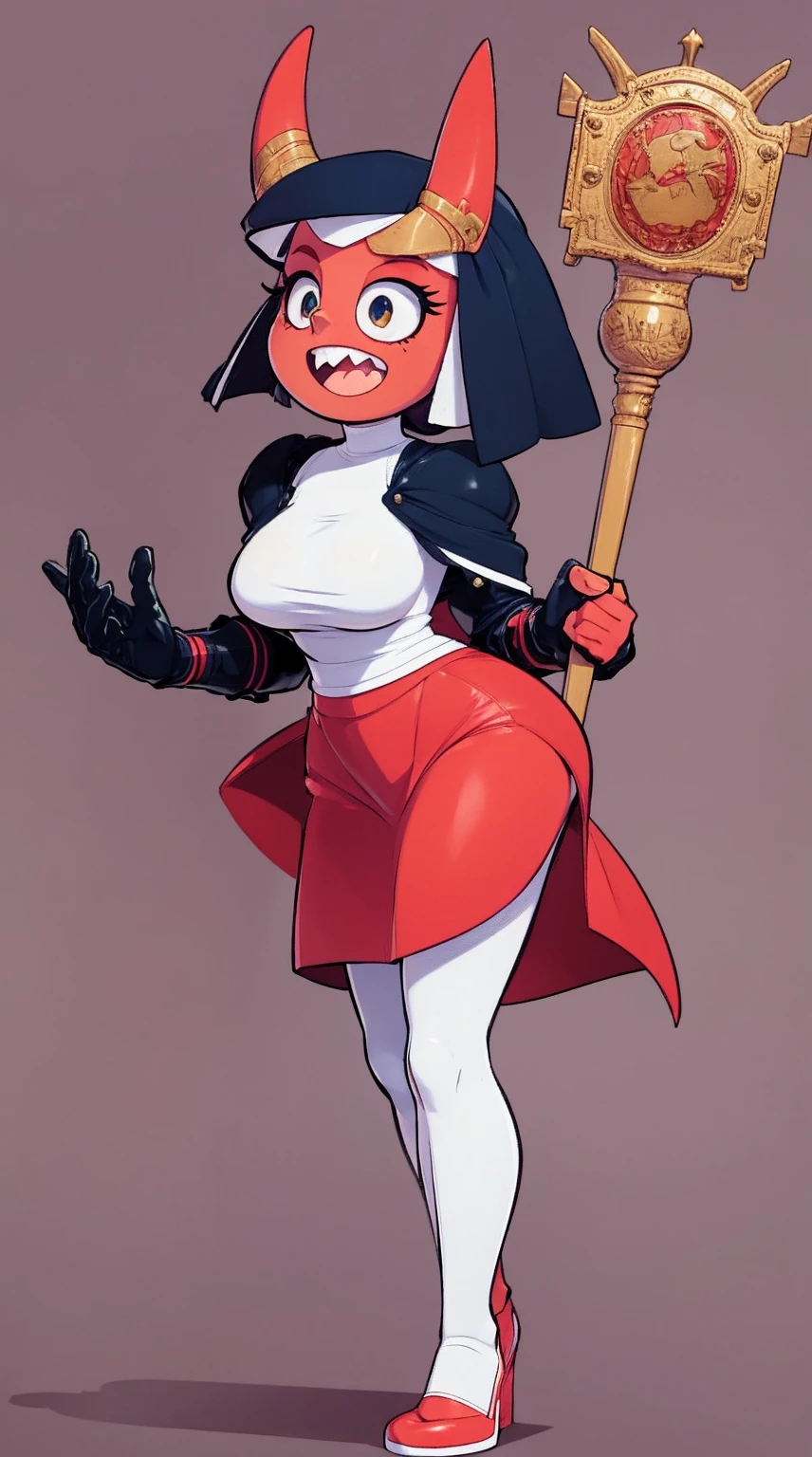 nun, demon girl, walking, , warpriesstes, silver hair, short hair, sacred gauntlets, long ski, cute smile, pure smile, love smile,,veillong skirt, pantyhose, staff holding, armor, gloves, standing, full body,sharpteeth,standing, full body, happy, joyfull