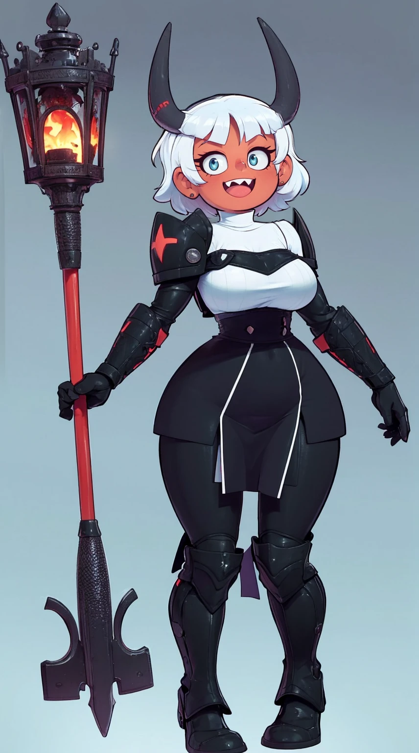nun, demon girl, walking, , warpriesstes, silver hair, short hair, sacred gauntlets, long ski, cute smile, pure smile, love smile,,veillong skirt, pantyhose, staff holding, armor, gloves, standing, full body,sharpteeth,standing, full body, happy, joyfull