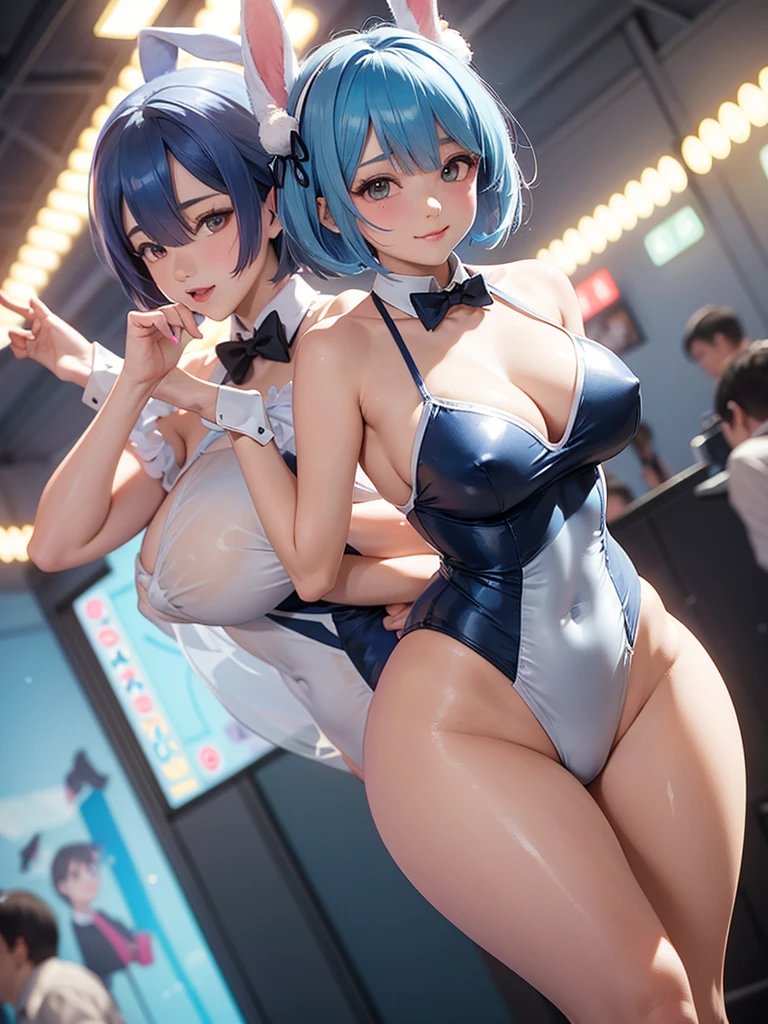 Rem, re zero, Blue hair, Short bob hair, large breasts, cleavage, (masterpiece), (best quality), (ultra-detailed), (depth of field), (super animetic illustration), (4k), multiple bunny girl,cute anime idol,best smile, an uplifting mood, a little lonely eyes,(white school swimsuit:1.3), bunny girl, bunny girl cufflinks, bunny girl collar, bow tie, bunny girl tail, stockings, Goodbye Year of the Rabbit, Let's sing and dance grandly and say goodbye!, launch party, countdown festival, rabbit girls dancing,dance hall, mirror ball, shining lights, colorful lights,