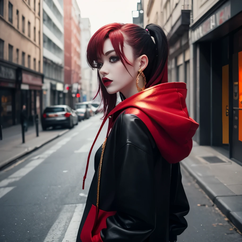 1girl, gangster, goth, excited, pale skin, smoky eyes, vivid colors, red hoodie, bling, gold chain, punk hairstyle, red hair, black lips, abandoned street, body view, large breasts, 