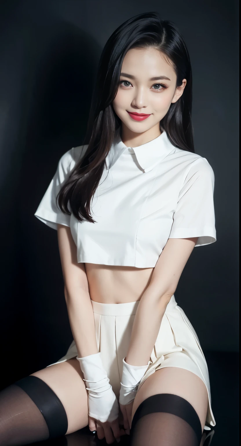 1 girl、green eyes, glossy lips ,Team Rocket,Team Rocket uniform, red letter R, white skirt,spread legs、show white panties,white crop top,black thigh high boots, black elbow gloves , looking at the viewer, evil smile, 腕を組むgreen eyes, glossy lips ,Team Rocket,Team Rocket uniform, red letter R, white skirt,spread legs、show white panties,white crop top,black thigh high boots, black elbow gloves , looking at the viewer, evil smile, Vintage color with folded arms、Instagram(Photoreal、High resolution:1.4)、(slender woman)((puffy eyes))、look at the viewer、、Full body Esbian(8K、Raw photo、highest quality、masterpiece:1.2)、(realistic、Photoreal) :1.37)、(sharp focus:1.2)、professional writing、photon mapping、radio city、Physically based rendering、(white skin:1.2)、(medium breasts:1.2)、Viewer's perspective、(middle hair:1.5)、Portrait、brown eyes、(silver hair:1.1)、bangs、(simple background:1.4)、realistic、(masterpiece:1.4)、(highest quality:1.4)、(glowing skin)、((Short sleeve shirt with collar、Knee-length pleated skirt、black stockings))compensate、laughter(skinny、close your mouth、full of embarrassment:1.3)
