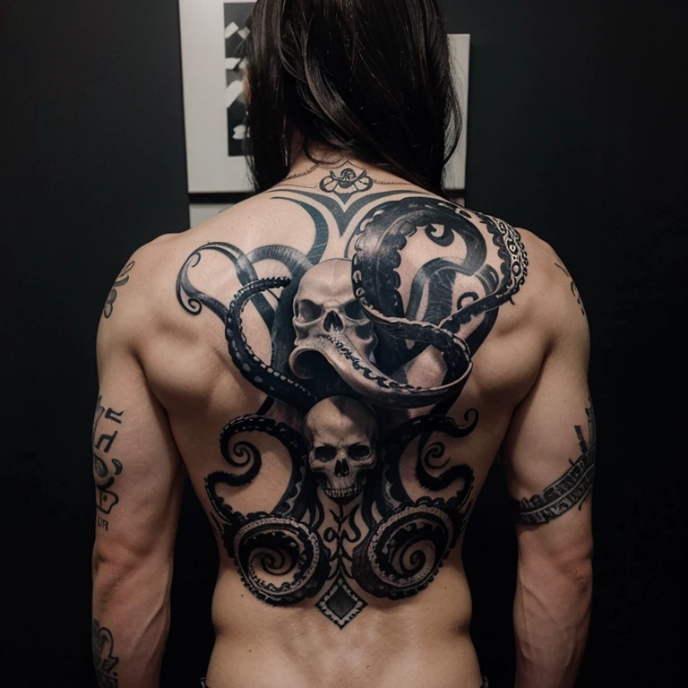 male back tattoo, black and white, octopus kraken, holding human skull