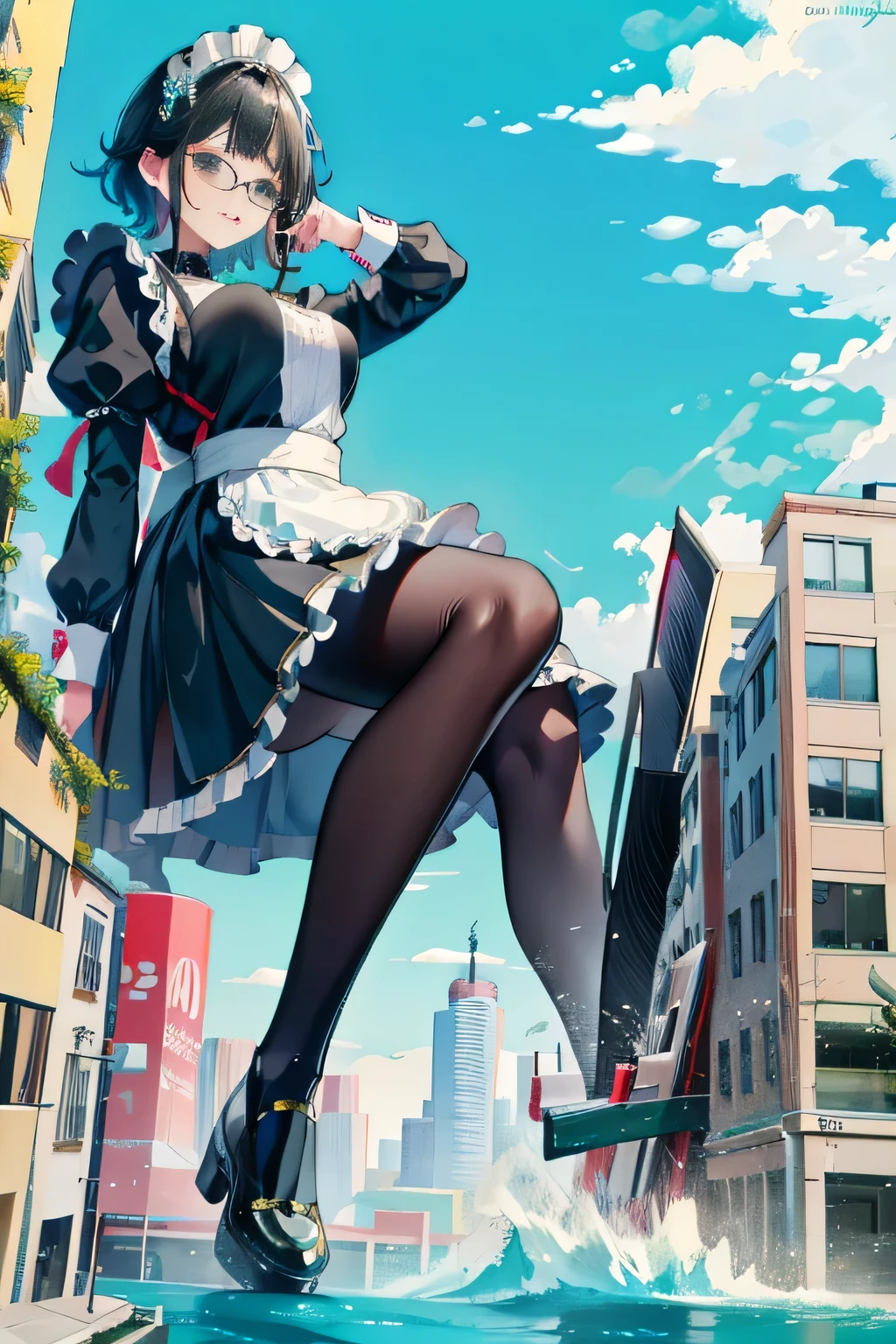 giantess art, Highly detailed Giant shot, Giant, short hair, black pantyhose, A maid that is much bigger than a skyscraper, wearing rimless glasses, big breasts, big butt, navy maid uniform, black pantyhose, black shoes, very small metropolis, miniature metropolis, full body description, gts, giga giantess, stomping city, crash city, tiny city, micro city, maid, ,Light up from the feet up,The crotch is light,With legs apart,,