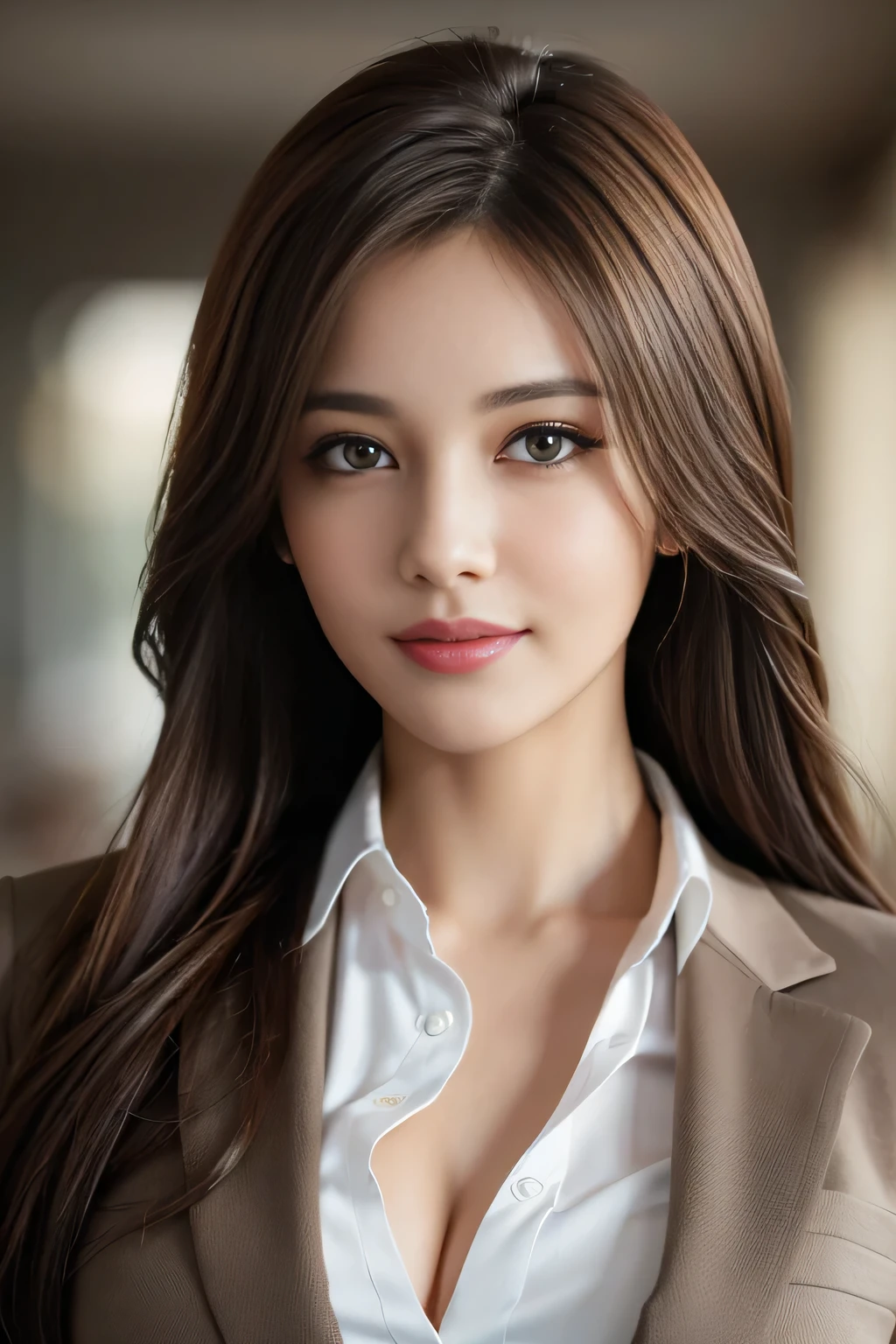 table top, highest quality, realistic, Super detailed, finely, High resolution, 8k wallpaper, 1 beautiful woman,, light brown messy hair, wearing a business suit, sharp focus, perfect dynamic composition, beautiful and detailed eyes, thin hair, Detailed realistic skin texture, smile, close-up portrait, model body shape