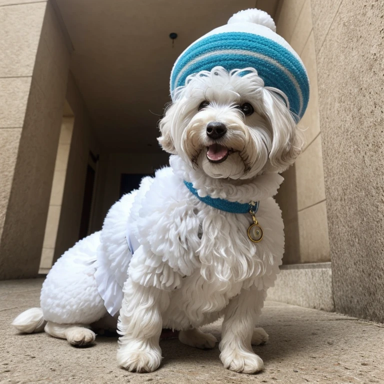 Komondor breed dog with abnormal size hair, pelugem tamanho Gigantescos, pelagem muito longo  e cor dos pelos albino, veste casaco, veste jaqueta de couro
 preta brilhoso, usando roupas da moda, usando vestido fofo de princesa ou vestido fofo de noiva, brincando com seus Brinquedos em um lindo quarto fofo,  Dog with an expression of happiness when he sees his owner, Cachorro com boca aberta, posando para uma foto usando roupas fofas,   fofo usando vestido fofo de princesa, luxurious hat, ties, Bandanas, vestido, cores fofas, children&#39;dog clothing colors. low angle view, eye level shot (virilha),Just huge morbid thighs, gordinhas, extremamente grossas;,rima de trabalho, melhor qualidade, (Vista frontal), (vista da minhoca&#39;olhos), perspectiva do olho do minhoca, low angle.