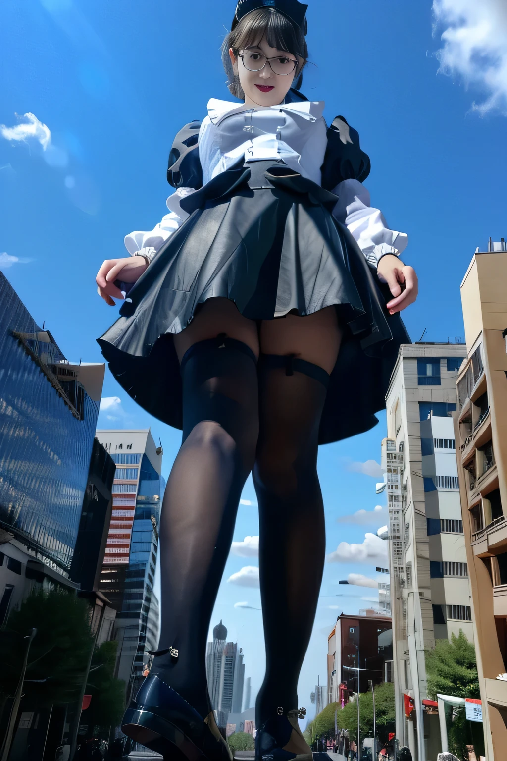 Giantの芸術, 非常に詳細なGiantショット, Giant, short hair, black pantyhose, A maid that is much bigger than a skyscraper, wearing rimless glasses, big breasts, big ass, navy maid uniform, black pantyhose, black shoes, very small metropolis, miniature metropolis, full body description, GTS, ギガGiant, Stomping City, crash city, Small town, micro city, maid,