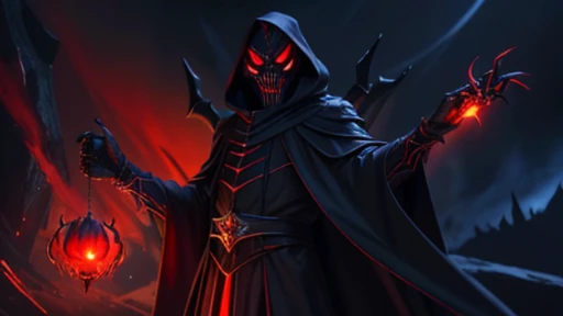 Sinister reaper lurking in a chilling gothic realm, emanating an aura of horror and melancholy, adorned in a menacing skull, mask, and armor.