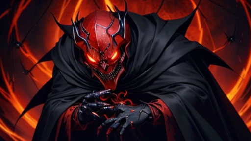 a demonic looking spider with glowing eyes and a long black cloak, with red glowing eyes, evil looking, the reaper as a scary, evil villain grin, evil smile and glowing eyes, evil villain, with glowing red eyes, dark supervillain, red glowing eyes, ainz ooal gown, omen from valorant, sinister looking, reaper from overwatch