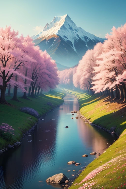 Zeichne einen Fluss mit einem kleinen Dorf, Anime Beautiful Peace Scene, very beautiful landscape, Landschaftskunstwerk, Landschaftskunst-Detail, very beautiful digital art, Beauty of the natural landscape, beautiful art uhd 4k, Very beautiful photos, Beautiful nature, Landschaftstapete, really Beautiful nature, beautiful digital artwork, Nice background, cherry blossom trees, Anime-Stil