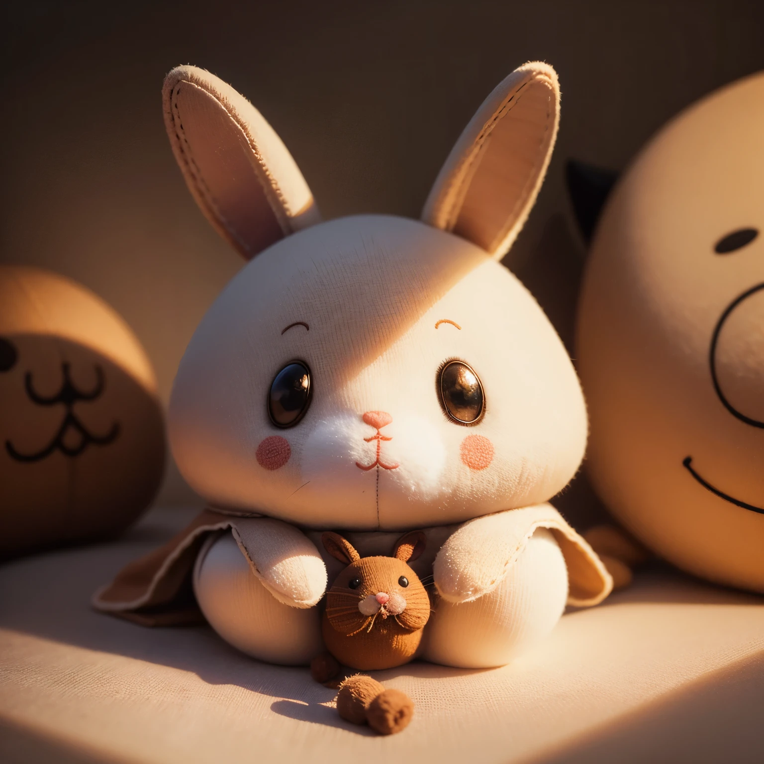 best quality, 32k, RAW photo, incredibly absurdres, extremely detailed, cute handcrafted stuffed rabbit doll sneaks a peek at you from the shadows
