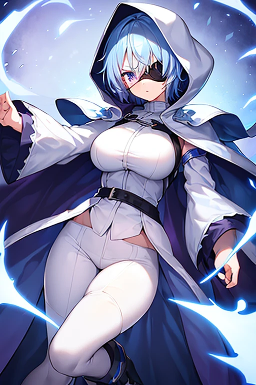 1girl, large breasts, light blue hair, purple eyes, one eye covered, eyepatch, ((eyepatch)), medium hair, smile, light smile, cloak, white cloak, white hood, white cape, cape, belt, white pants, white clothes, hood up, pants, ((pants)), hourglass figure, bow