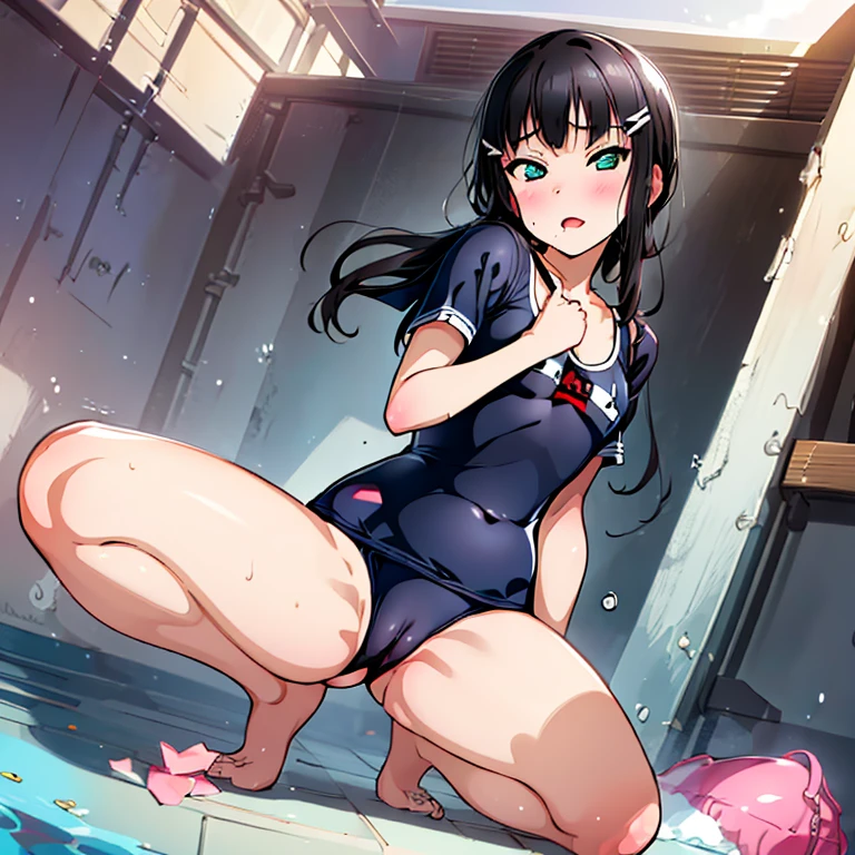 best quality, very aesthetic, Super detailed, best illustration, nsfw, pussy focus, 1girl, おっぱい, aroused, black_hair, school swim suit