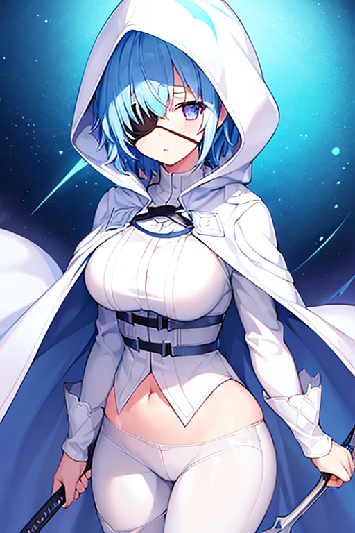 1girl, large breasts, light blue hair, purple eyes, one eye covered, eyepatch, ((eyepatch)), short hair, glowing eyes, emotionless, cloak, white cloak, white hood, white cape, cape, belt, white pants, white clothes, hood up, pants, ((pants))