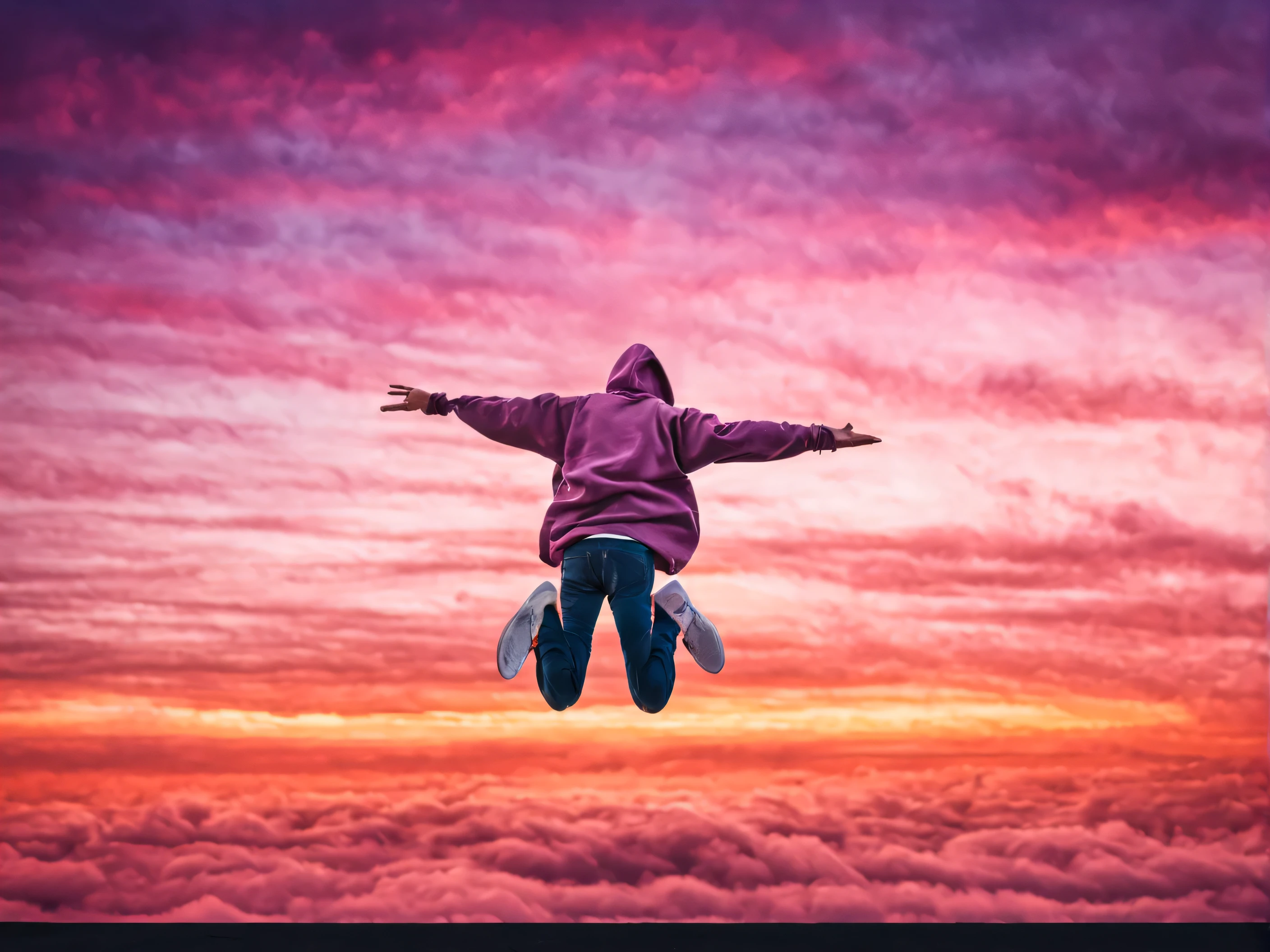 a man flying gracefully through the air horizontally towards the horizon, gliding away from the camera arms outstretched. He is wearing a hoodie jeans and sneakers, like flying in a dream. you can NOT see his face, he is visible on the left side of the picture. summer sunset sky, with lots of thick clouds. He looks small against the massive sky backdrop, pink and orange light. Scene from a dream