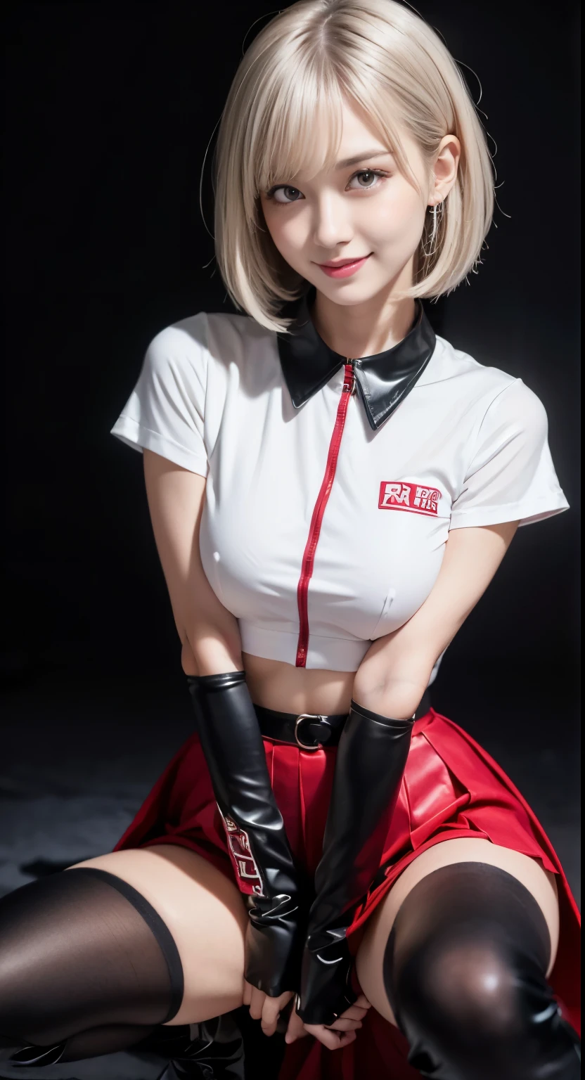 1 girl、green eyes, glossy lips ,Team Rocket,Team Rocket uniform, red letter R, white skirt,spread legs、show white panties,white crop top,black thigh high boots, Squatting and opening legs、Beautiful camel toe、black elbow gloves , looking at the viewer, evil smile, 腕を組むgreen eyes, glossy lips ,Team Rocket,Team Rocket uniform, red letter R, white skirt,spread legs、show white panties,white crop top,black thigh high boots, black elbow gloves , looking at the viewer, evil smile, Vintage color with folded arms、Instagram（Photoreal、High resolution：1.4）、(slender woman)（（puffy eyes））、look at the viewer、、Full body Esbian（8K、Raw photo、highest quality、masterpiece：1.2）、（realistic、Photoreal） :1.37)、(sharp focus:1.2)、professional writing、photon mapping、radio city、Physically based rendering、(white skin:1.2)、(medium breasts:1.2)、Viewer&#39;s perspective、(middle hair:1.5)、Portrait、brown eyes、(silver hair:1.1)、bangs、(simple background:1.4)、realistic、(masterpiece:1.4)、(highest quality:1.4)、(glowing skin)、((Short sleeve shirt with collar、Knee-length pleated skirt、black stockings))compensate、laughter(skinny、close your mouth、full of embarrassment:1.3)