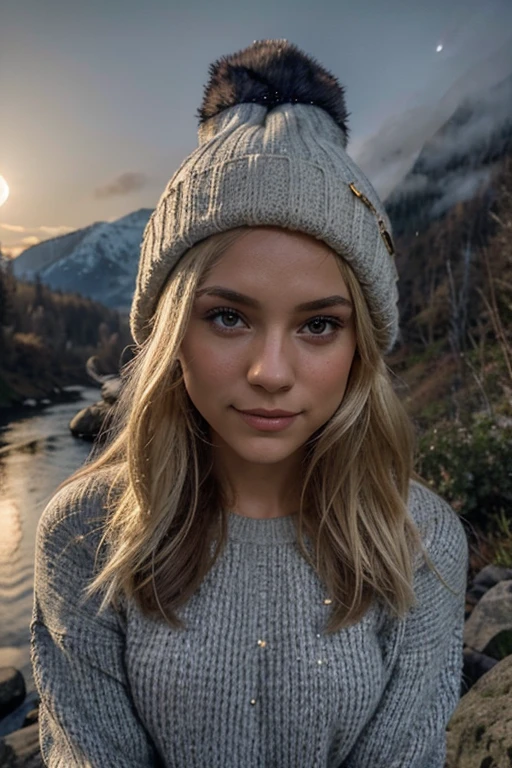 photograph, photo of beautiful , petite, blonde woman, selfie, upper body, solo, wearing pullover, outdoors, (night), mountains, real life nature, stars, moon, cheerful, happy, gloves, sweater, beanie, forest, rocks, river, wood, smoke, fog, looking at viewer, skin texture, photo grain, close up, RAW photo