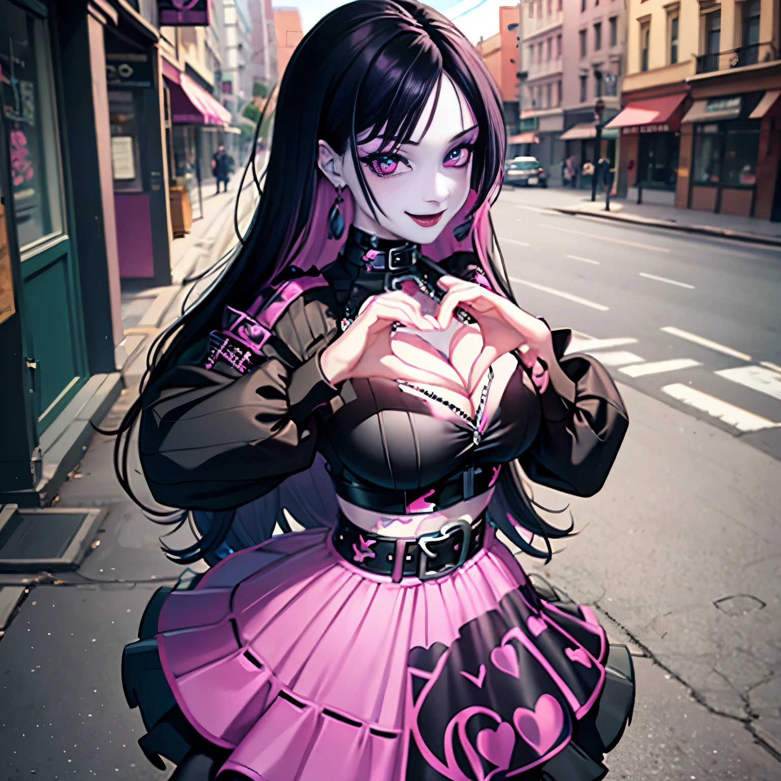 1girl, goth, excited,  heart hands, own hands together, pale skin, smoky eyes, vivid colors, punk clothing, punk hairstyle, pink hair, black lips, abandoned street, body view, large breasts, smile, long hair