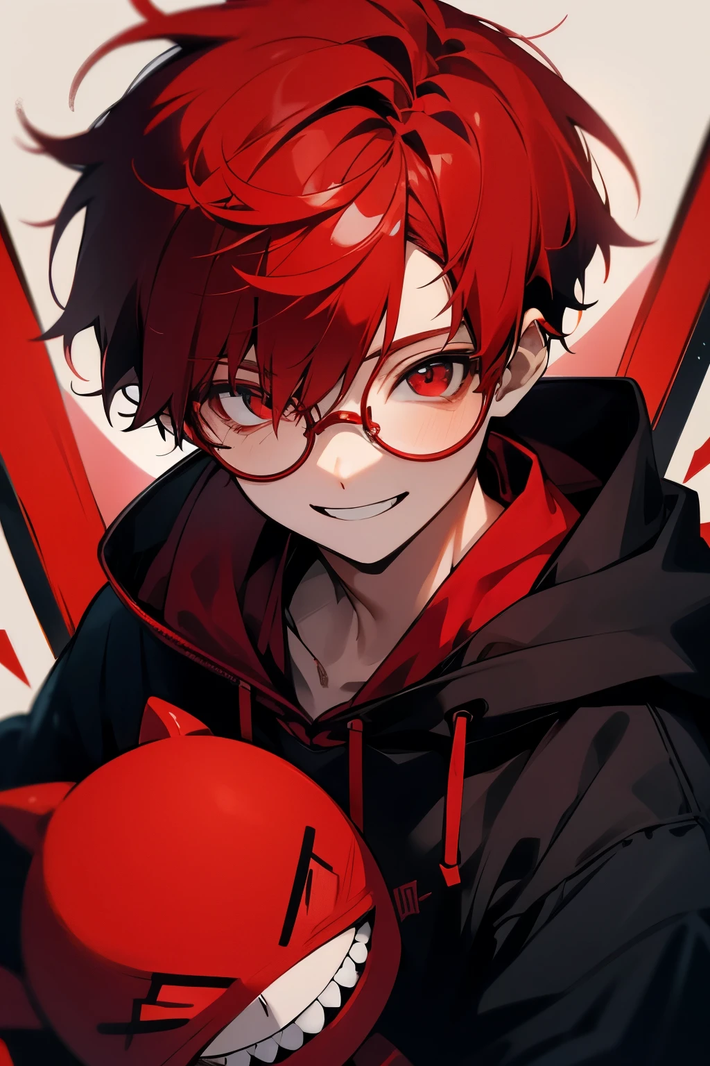 boy　Red hair　red eyes　red and black hoodie　smile　round glasses