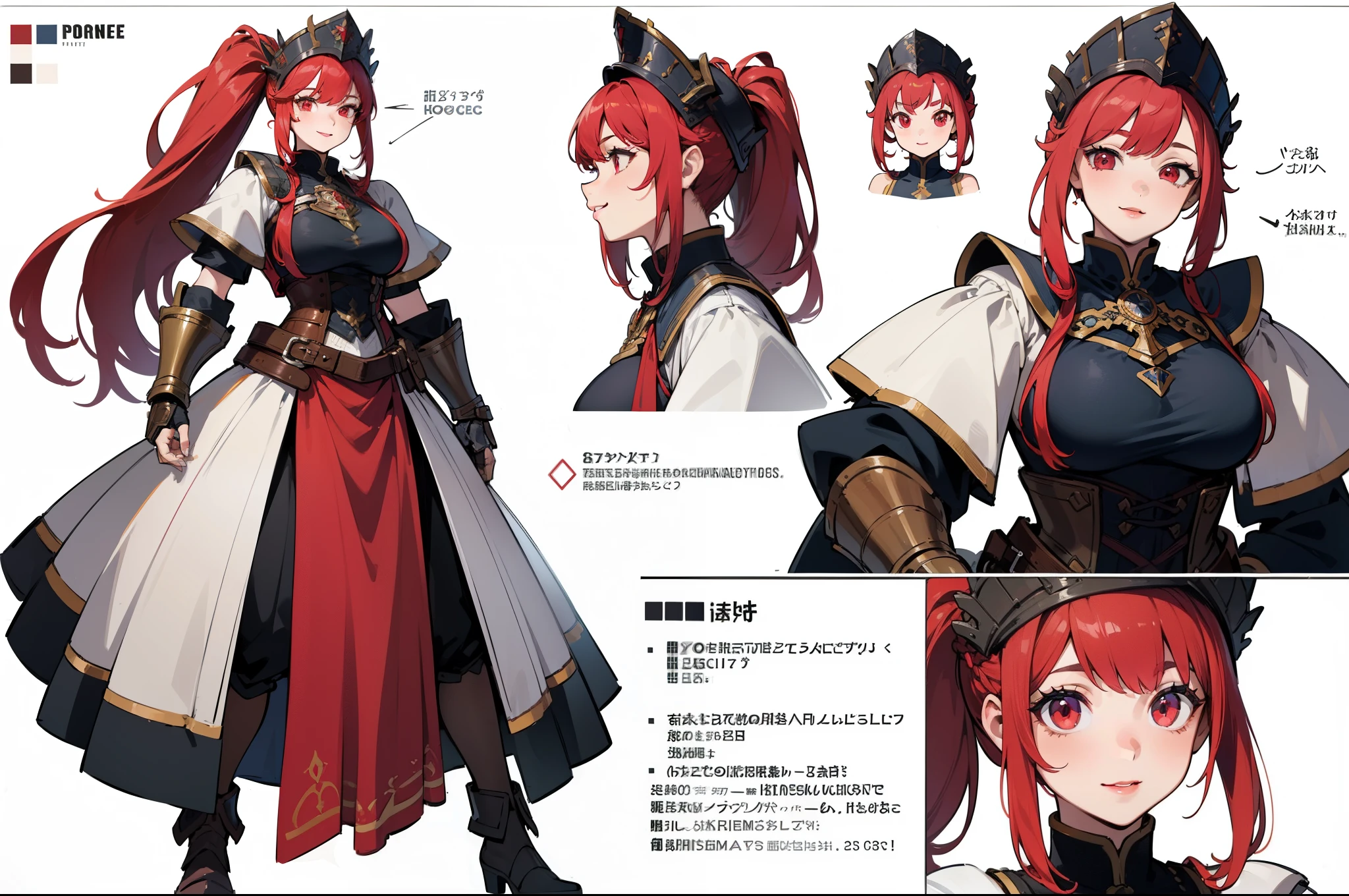 ((masterpiece, top quality)), detailed face, character sheets, full body, full of details, Multiple poses and expressions, highly detailed, Depth, many parts, 1 girl, (large breasts) red hair tied in a ponytail horse, red eyes, pink lips, fantasy adventurer armor, gauntlets, hats and fantasy adventurer boots, fantasy adventurer headdress, smile