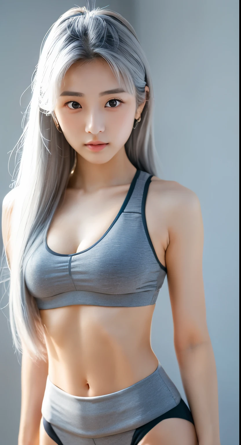 Background in Dubai, gray hair, long hair, 21 years old, korean girl, korean model, idol, wearing sport bra and short, perfect body, detailed face, 8K, realistic, sexy body, full body