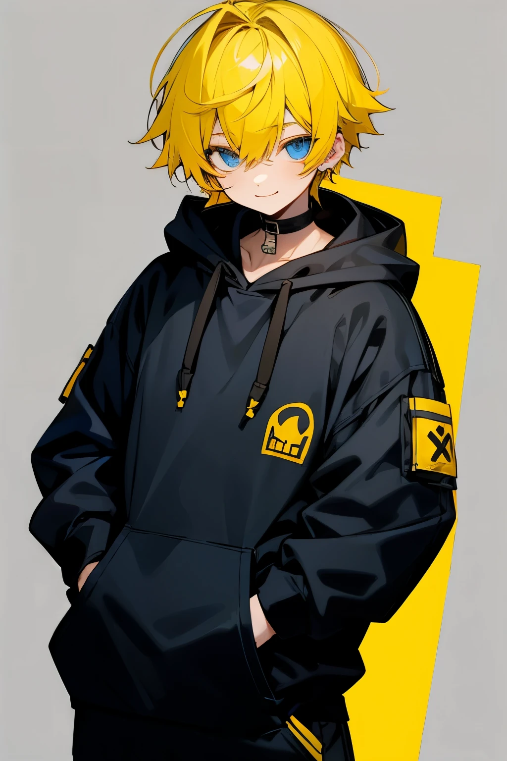 yellow hair boy Black hoodie blue eyes smile Hands are pockets