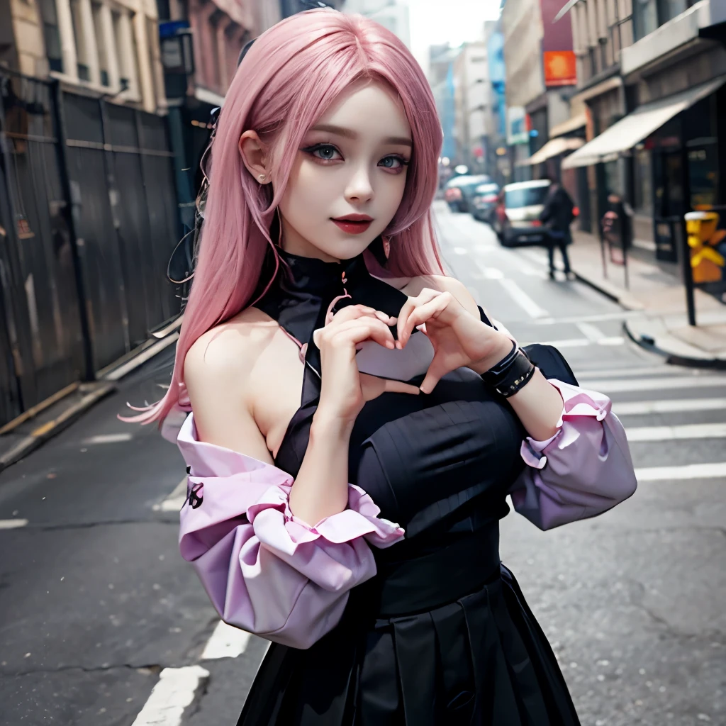 1girl, goth, excited,  heart hands, own hands together, pale skin, smoky eyes, vivid colors, punk clothing, punk hairstyle, pink hair, black lips, abandoned street, body view, large breasts, smile, long hair