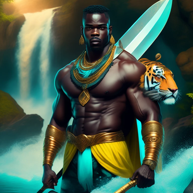 A black short and Muscle black man, african god of hunt wearing a turquoise and yellow hunter suit, holding a sword and spear, waterfall background, tiger and fishes, a river, lion orisha, afrofuturism, ultra quality, 8K