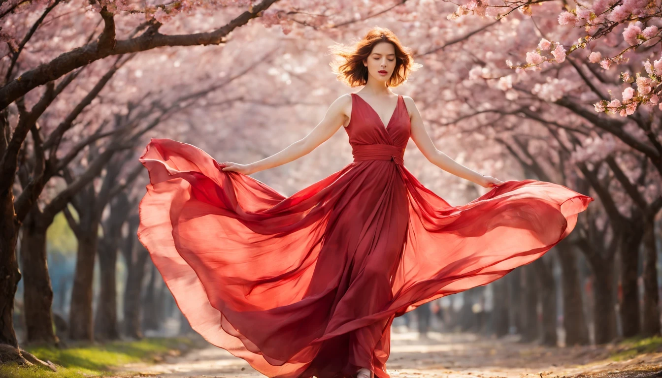 girl "Molly Ringwald" with red long dress,scattered cloth,full body,under sakura trees,illustration,textured,detailed,sunlight filtering through the branches,vibrant colors,soft focus,wind blowing her hair,peaceful atmosphere,warm color palette,subtle shadows,magical feeling,delicate cherry blossoms,bright blue sky,fading sunlight,playful spirits dancing around,blurred sakura petals,serene expression on her face,airy fabric flowing in the wind,subtle gradients and shades,ethereal beauty,romantic setting,serene and elegant posture,dainty cherry blossom petals falling around her