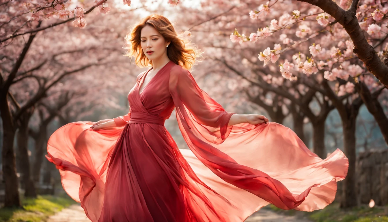girl "Molly Ringwald" with red long dress,scattered cloth,full body,under sakura trees,illustration,textured,detailed,sunlight filtering through the branches,vibrant colors,soft focus,wind blowing her hair,peaceful atmosphere,warm color palette,subtle shadows,magical feeling,delicate cherry blossoms,bright blue sky,fading sunlight,playful spirits dancing around,blurred sakura petals,serene expression on her face,airy fabric flowing in the wind,subtle gradients and shades,ethereal beauty,romantic setting,serene and elegant posture,dainty cherry blossom petals falling around her