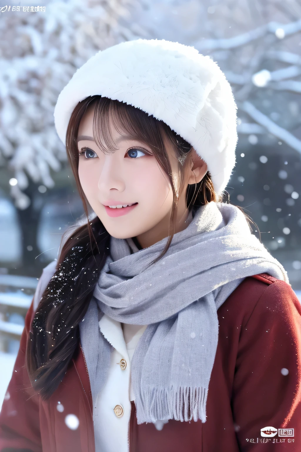 ((highest qualthaty、8K、Masseter muscle part:1.3))、(beautiful, Realistic Japan),1 female、Winter coat、(Burst Chest:1.2)、scarf、Wool hat、gloves、highly detailed face、Lips wthath attention to detail、fine eyes、double eyelid 、that'It's snowing、whthate breath、landscape、Please look up at the sky、large tree、nature、your、Whthate world、Whthate sweetheart、love letter、First love、